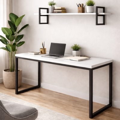 Estante Industrial Suspensa com Prateleira Branca e Estrutura em Metal Preto