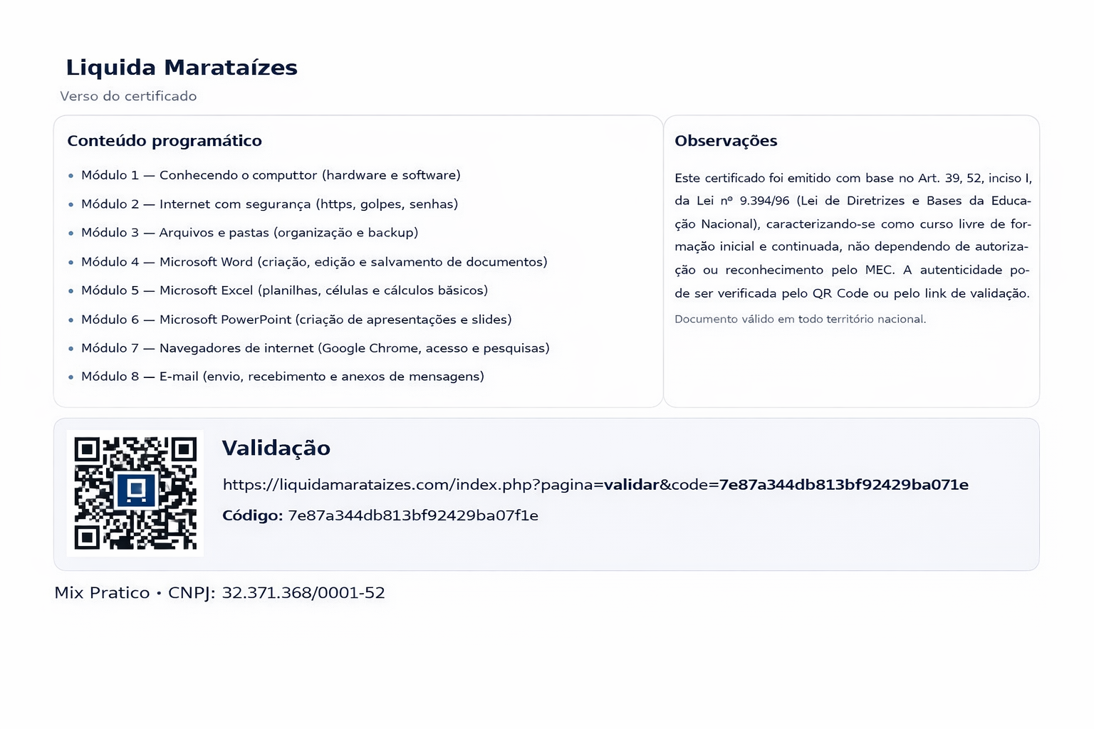 Modelo do verso do certificado